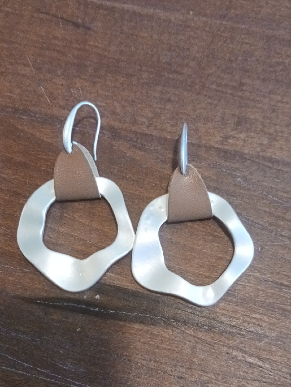 Silver Wave Hoop Drop Earrings with Brown Leather Accent